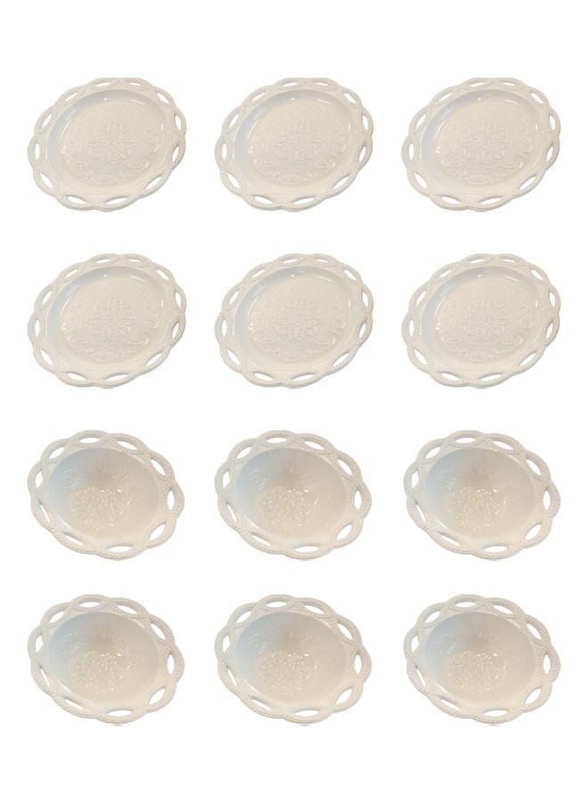 دوف طقم تقديم بورسلان دائري من 12 قطعة – لون أبيض (6 صحون تقديم + 6 زبديه) - Image 1